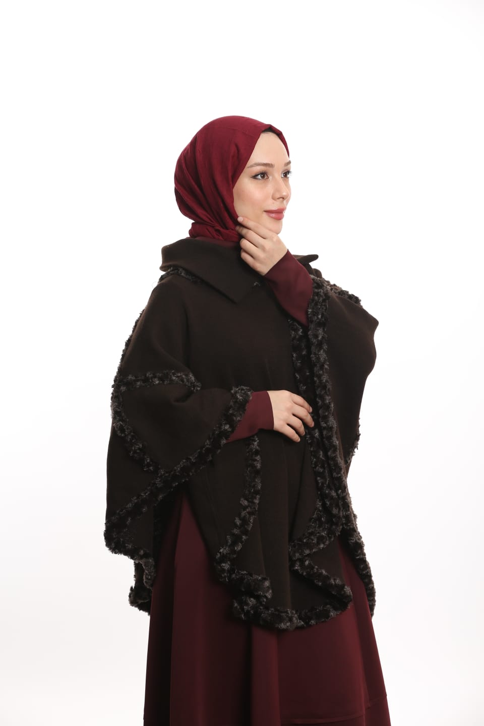Yakalı Boğazlı Panço Kahverenk - Süslü