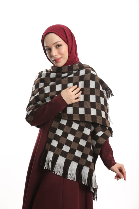 Baklava Desen Triko Şal - Beyaz Kahve Tonları