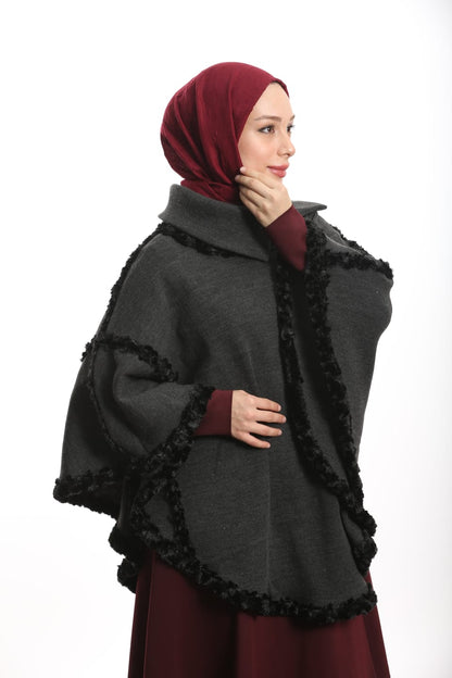 Yakalı Boğazlı Panço Gri - Süslü