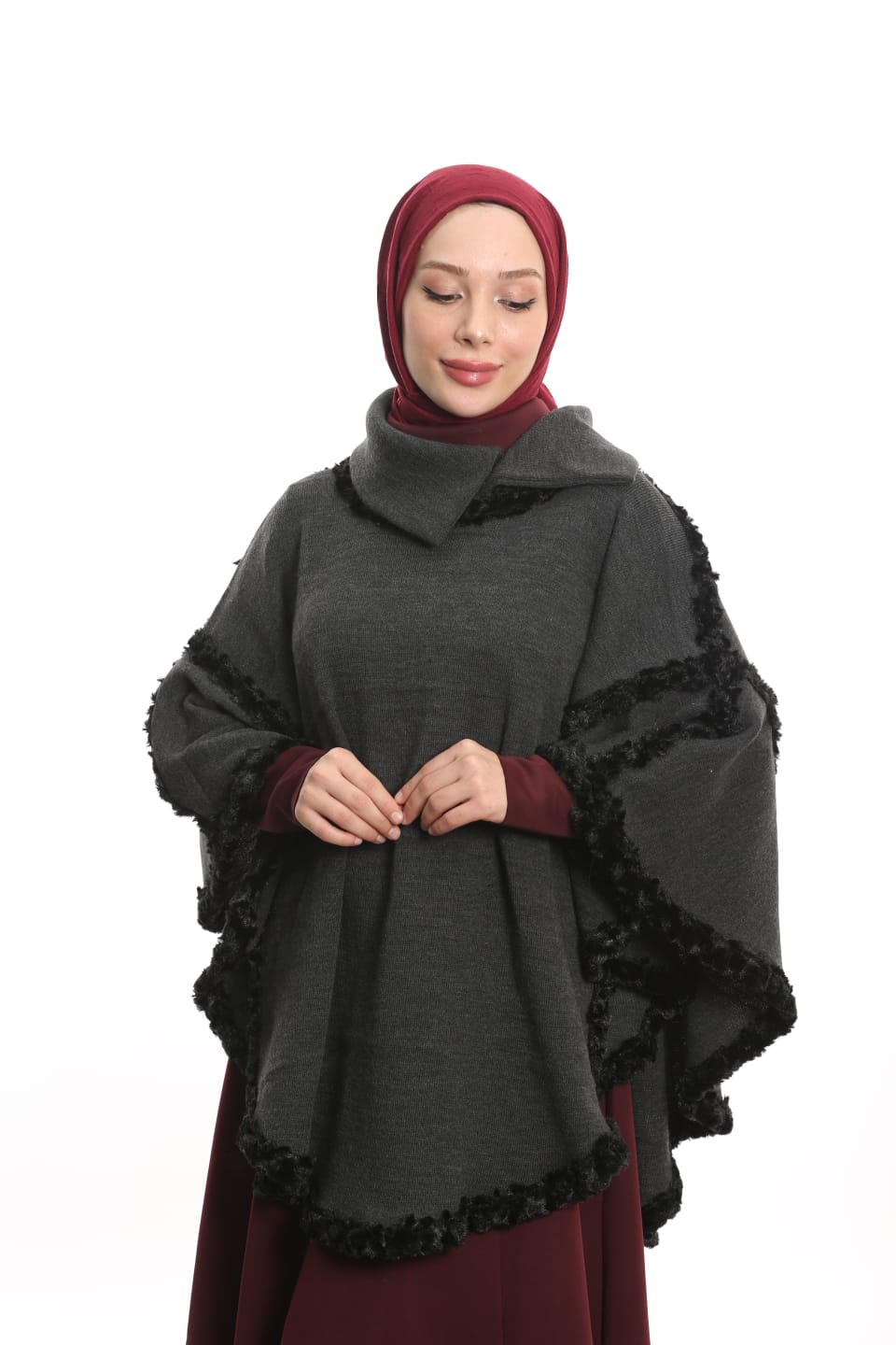 Yakalı Boğazlı Panço Gri - Süslü