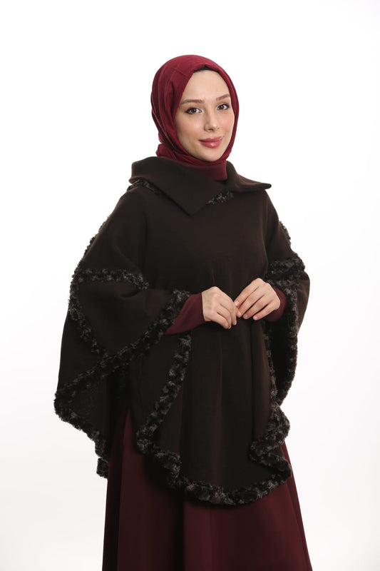 Yakalı Boğazlı Panço Kahverenk - Süslü