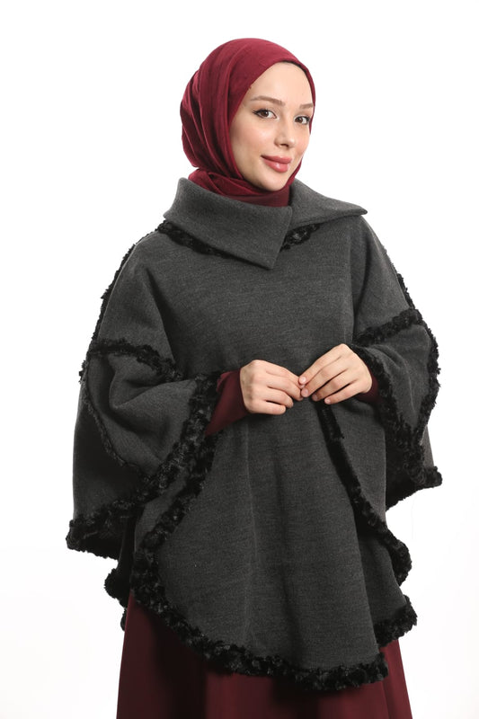 Yakalı Boğazlı Panço Gri - Süslü