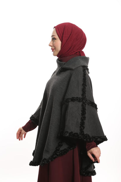 Yakalı Boğazlı Panço Gri - Süslü