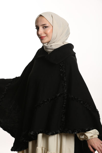 Yakalı Boğazlı Panço Siyah - Süslü