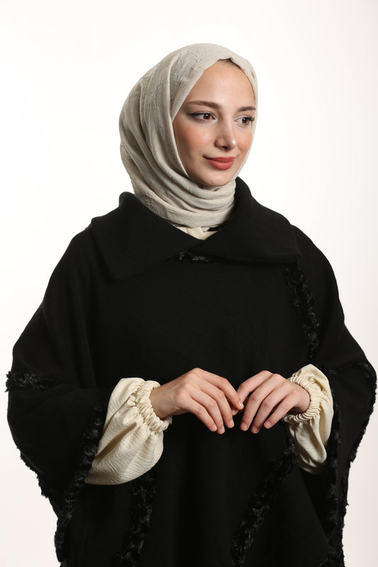 Yakalı Boğazlı Panço Siyah - Süslü