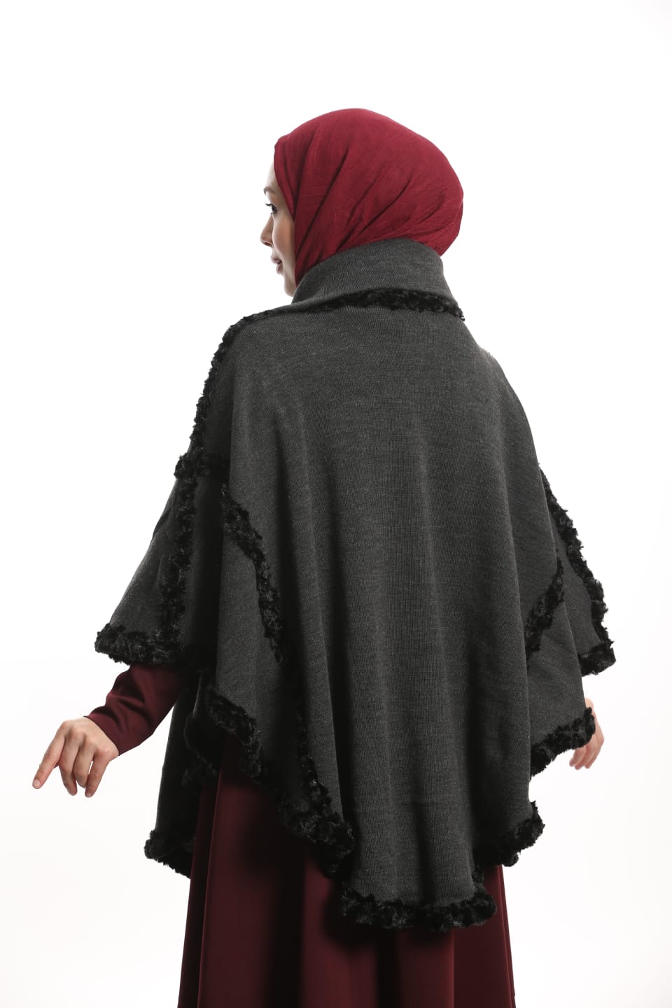 Yakalı Boğazlı Panço Gri - Süslü