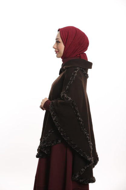 Yakalı Boğazlı Panço Kahverenk - Süslü